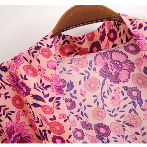 Cotton Floral Boho Kimono NEW Pink Purple - Picture 9 of 11